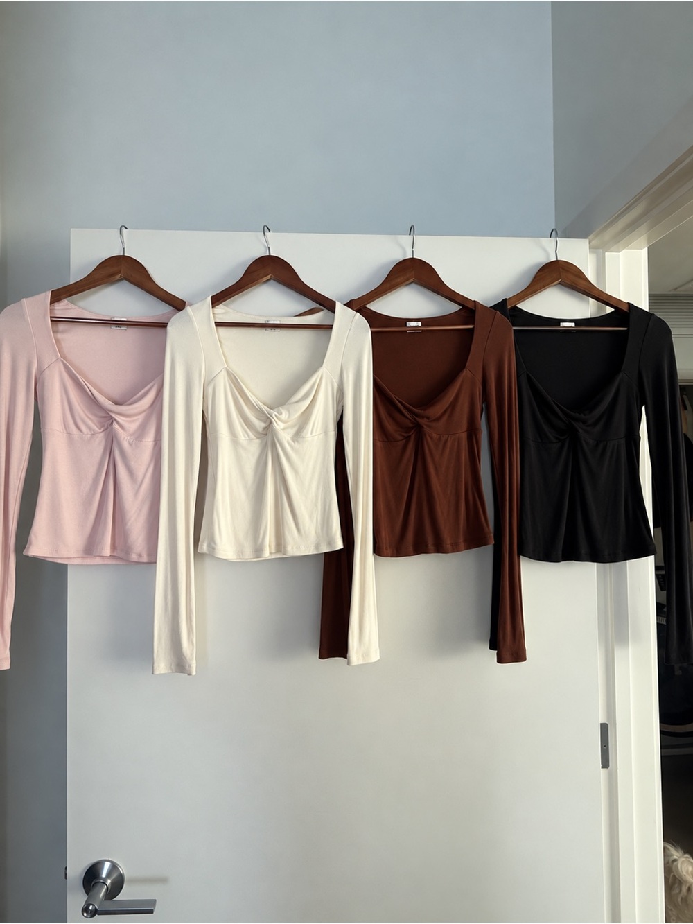 4 Wilfred Aritzia Long-Sleeve Twist Front Tops - Pink, Cream, Brown and black